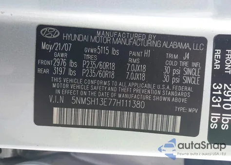 2007 Hyundai Santa Fe Limited/Se z USA, uszkodzony, nr VIN 5NMSH13E77H111380